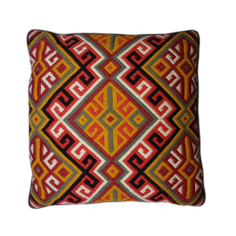 Geometric Embroidered Accent Pillow in Red, Yellow & Black